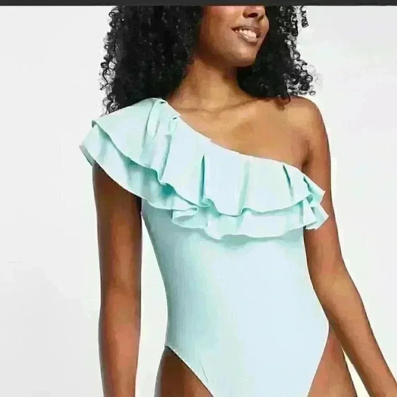 Tropic  Frill One Shoulder Ruffle Swimsuit in Aqua - size medium - Picture 1 of 6